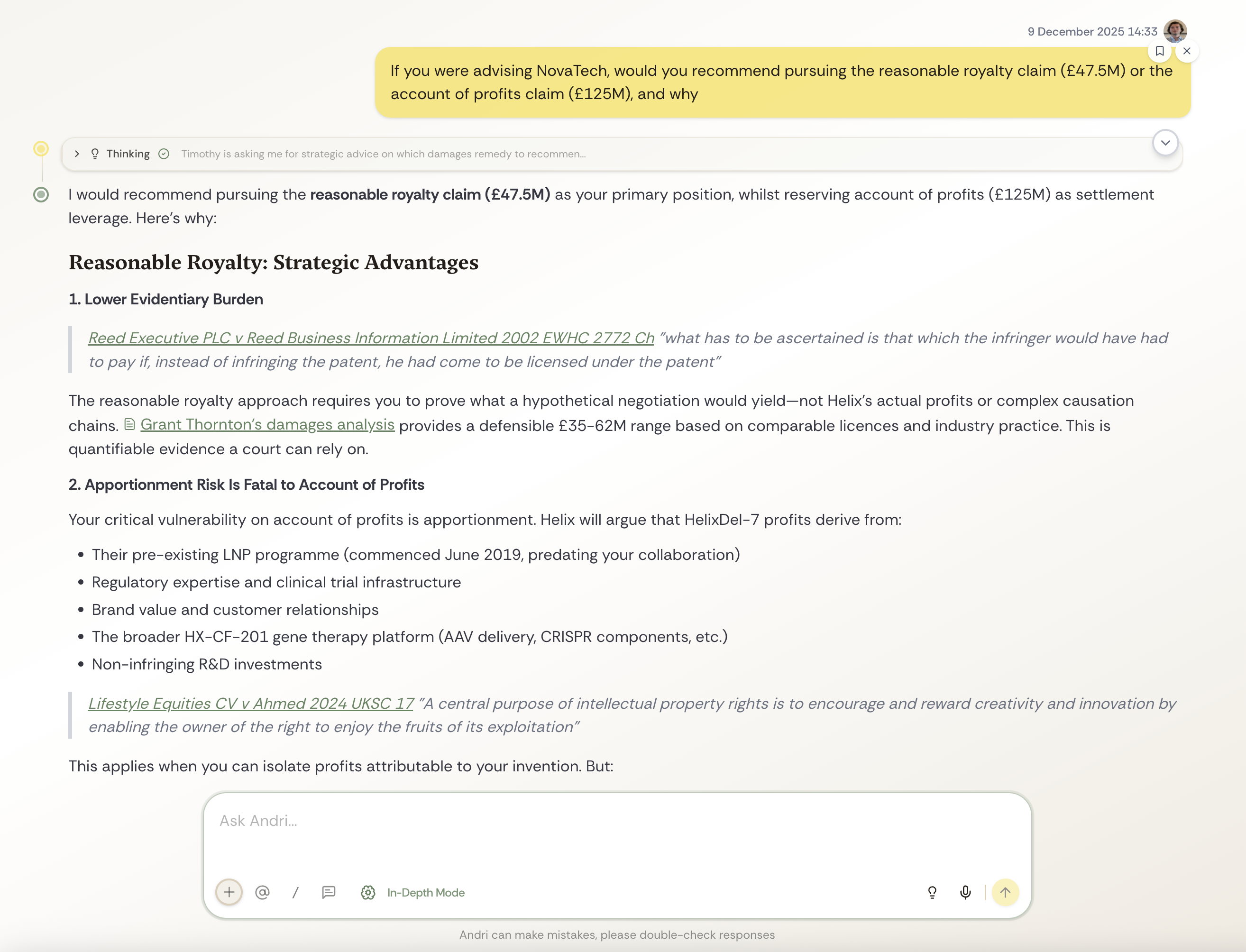 Andri chat providing strategic legal advice with case law citations